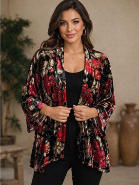 🌹 Vintage Bold Floral Velvet Cardigan Sweater – BFA Classics, Size L